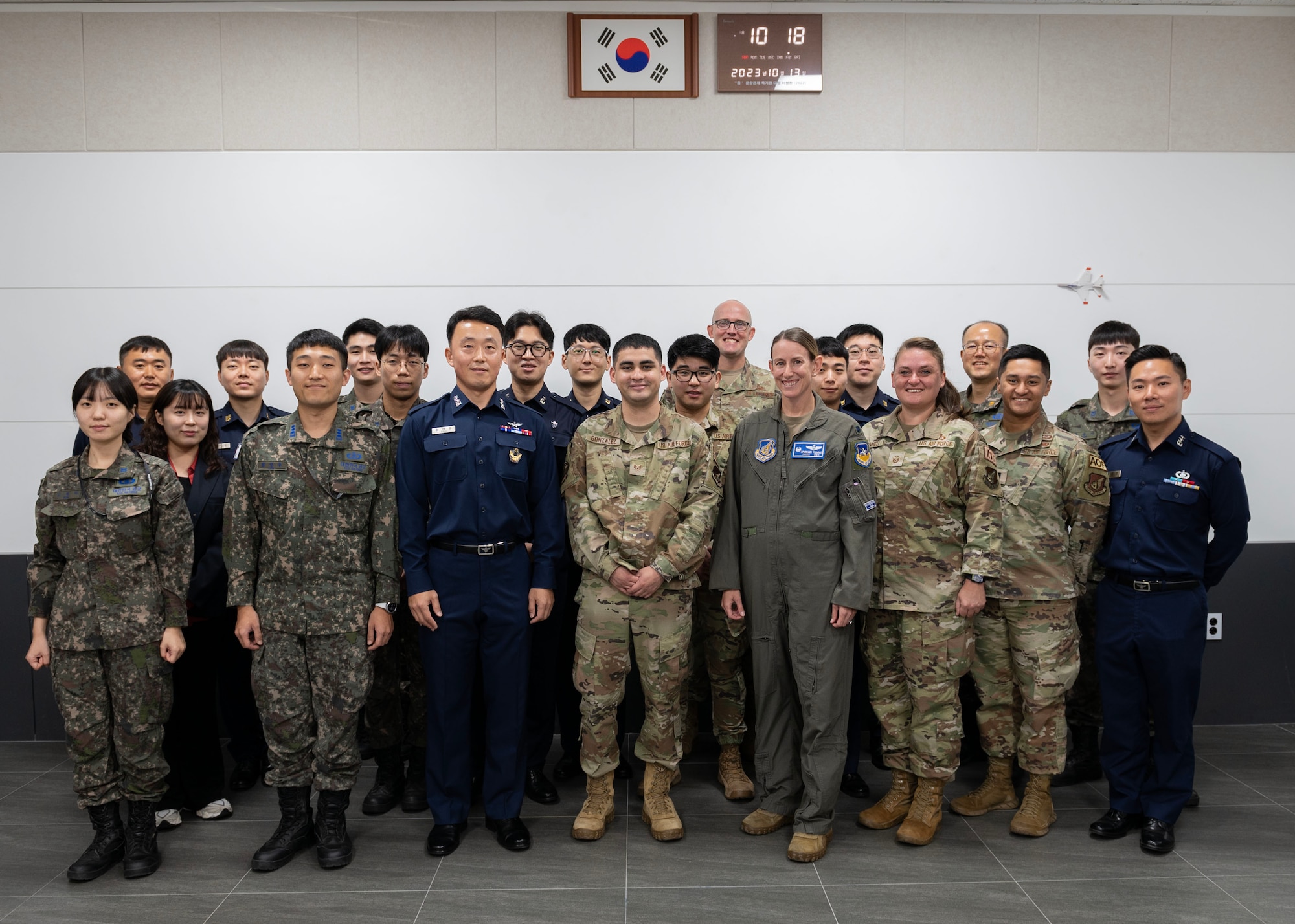U.S. Air Force air traffic controllers with the 51st Operations Support Squadron and members of the Republic of Korea Air Force come together to exchange techniques of managing aircraft movement dynamically through virtual simulations at the ROKAF Education and Training Command, Jinju, Republic of Korea, Oct. 12-13, 2023. The ROK started their ATC competition in 1985 and have continued the competition annually for the past 38 years to better their training program and controllers’ capabilities. This was the first year ROKAF invited the U.S. Department of Defense to participate. (U.S. Air Force photo by Staff Sgt. Aubree Owens)