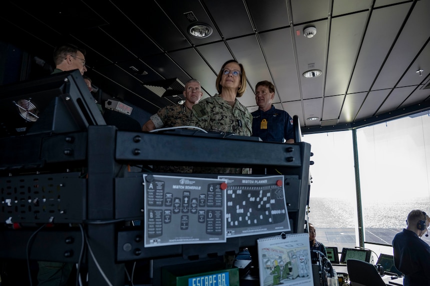 ATLANTIC OCEAN (Oct. 18, 2023) – Vice Chief of Naval Operations Adm. Lisa Franchetti, Commandant of the Marine Corps Gen. Eric Smith, and Royal Navy First Sea Lord and Chief of Naval Staff Adm. Sir Ben Key tour the HMS Prince of Wales (R09), Oct. 18. While aboard, Franchetti, Smith and Key signed the Delivering Combined Seapower (DCS) charter, which is intended to achieve the Service Chiefs’ combined vision for US-UK interoperability moving toward interchangeability. (U.S. Navy photo by Chief Mass Communication Specialist Amanda R. Gray)