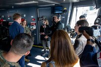 ATLANTIC OCEAN (Oct. 18, 2023) – Vice Chief of Naval Operations Adm. Lisa Franchetti, Commandant of the Marine Corps Gen. Eric Smith, and Royal Navy First Sea Lord and Chief of Naval Staff Adm. Sir Ben Key hold a media interview with NBC's Courtney Kube while visiting the HMS Prince of Wales (R09), Oct. 18. While aboard, Franchetti, Smith and Key signed the Delivering Combined Seapower (DCS) charter, which is intended to achieve the Service Chiefs’ combined vision for US-UK interoperability moving toward interchangeability. (U.S. Navy photo by Chief Mass Communication Specialist Amanda R. Gray)