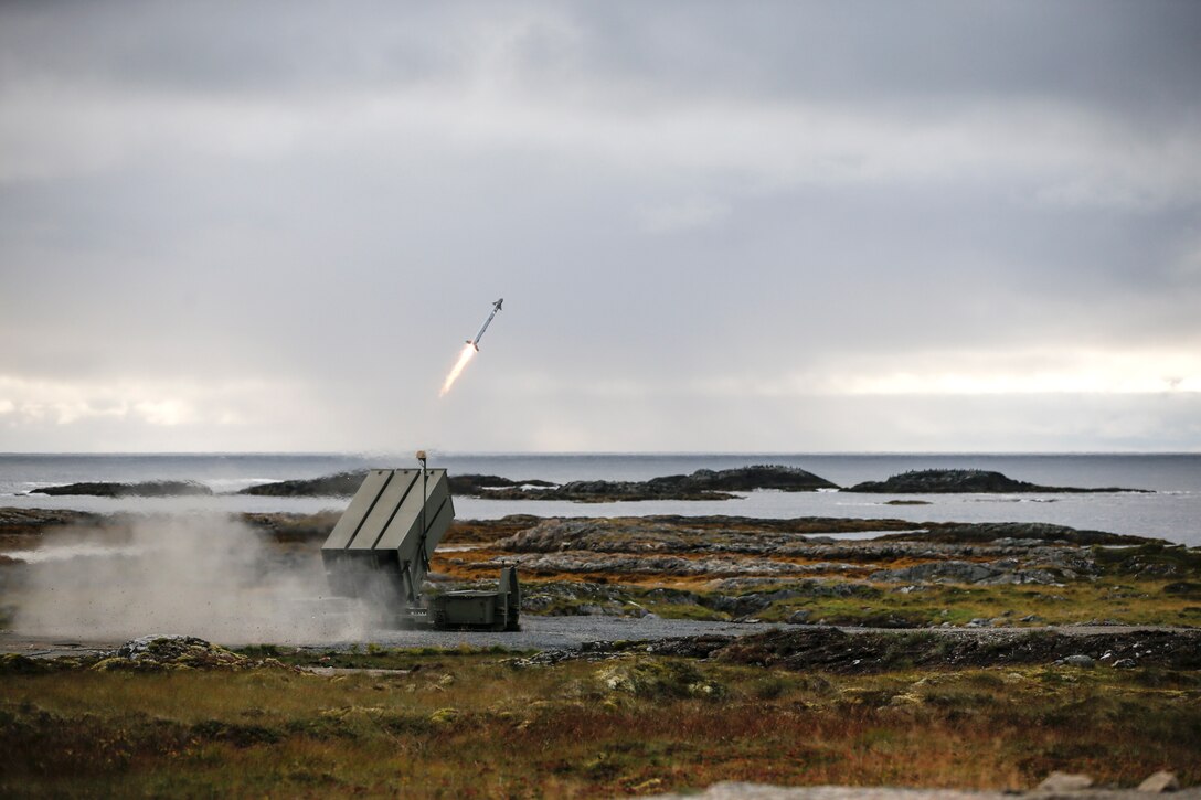 The concept of adapting multiple base defense weapon types for use in National Advanced Surface-to-Air Missile System, or NASAMS, launchers was tested at the Trident Elding 2022 exercise in Norway. Raytheon is a finalist in Aviation Week Network’s 2023 Program Excellence Awards Special Projects category because of its role in Trident Elding 2022. (U.S. Air Force photo)