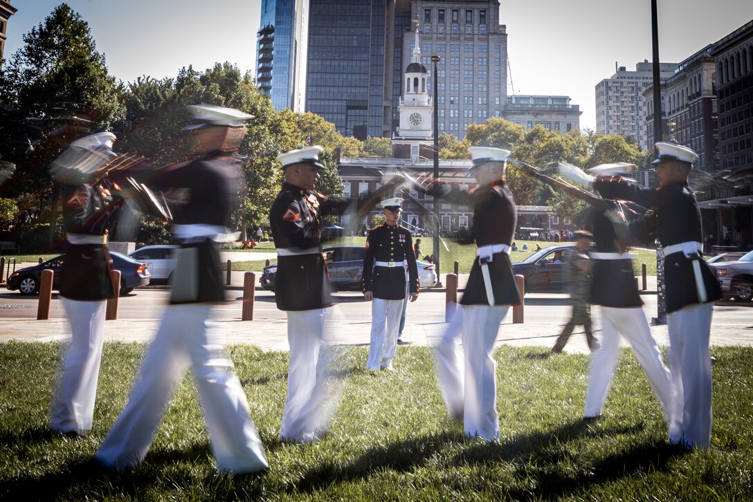 Silent Drill Platoon Marines with Marine Barrack Washington rehearse before their performance at Independence Hall as part of Navy-Marine Week Philadelphia on October 12, 2023. Marines are participating in numerous events throughout the city of Philadelphia to increase awareness and establish lasting relationships with communities throughout the area.