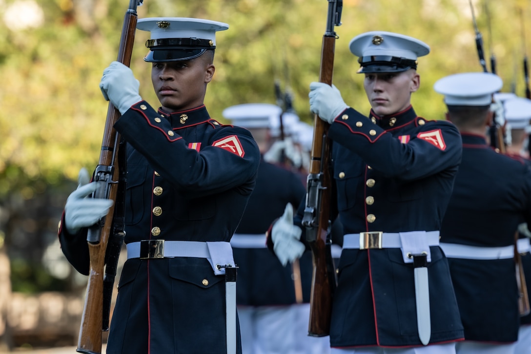 U.S. Marines with the Silent Drill Platoon, Marine Barracks Washington, perform for the citizens of Philadelphia during Navy-Marine Week Philadelphia at Independence Hall, Philadelphia, P.A. on October 12, 2023. Marines are participating in numerous events throughout the city of Philadelphia to increase awareness and establish lasting relationships with communities throughout the area.