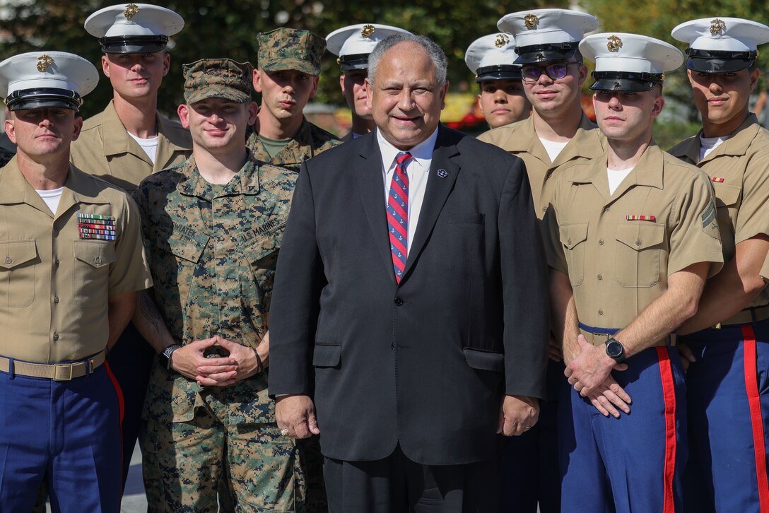 The Secretary of the Navy, Honorable Carlos Del Toro poses for a group photo with U.S. Marines supporting Navy-Marine Week Philadelphia following a ship naming ceremony at Independence Hall in Philadelphia on October 12, 2023. Marines are participating in numerous events throughout the city of Philadelphia in order to increase awareness and establish lasting relationships with communities throughout the area.