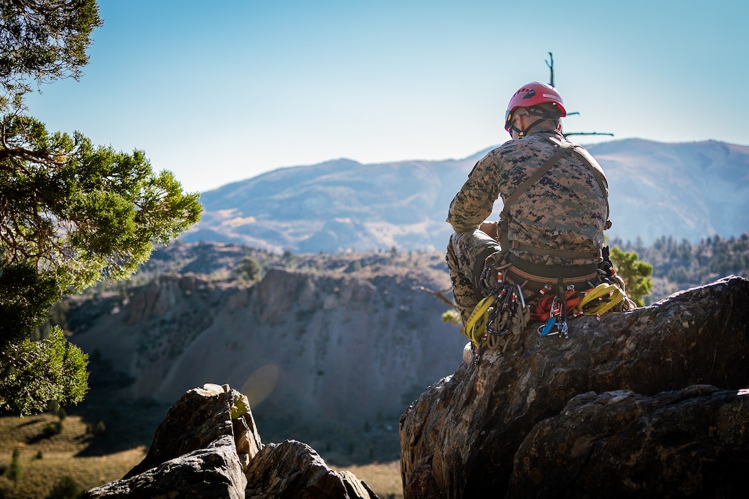 U.S. Marine Corps Sgt. Matthew Casullo, a Westerlo, New York native, mountain warfare instructor for Marine Corps Mountain Warfare Training Center, observes Marines rock climbing up a cliff face during Mountain Leaders Course as part of Mountain Exercise 1-24 at MCMWTC, Bridgeport, California, Oct. 11, 2023. Compared to more generalized training facilities, MCMWTC specializes in mountain warfare training, providing a unique and ideal opportunity to rehearse operations in a mountainous environment.