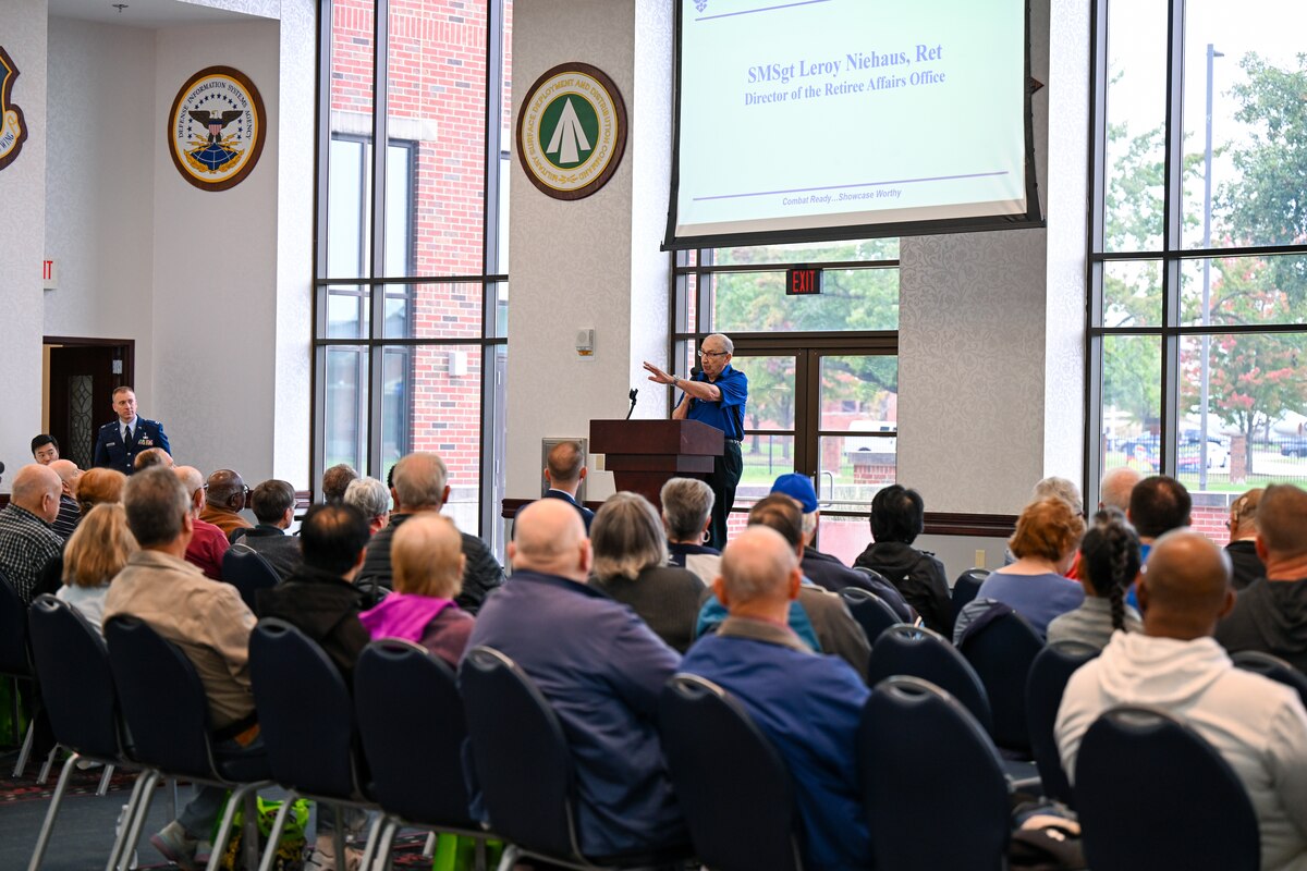 Retired U.S. Air Force Senior Master Sgt. Leroy Niehaus speaks about the role of the Retiree Affairs Office.