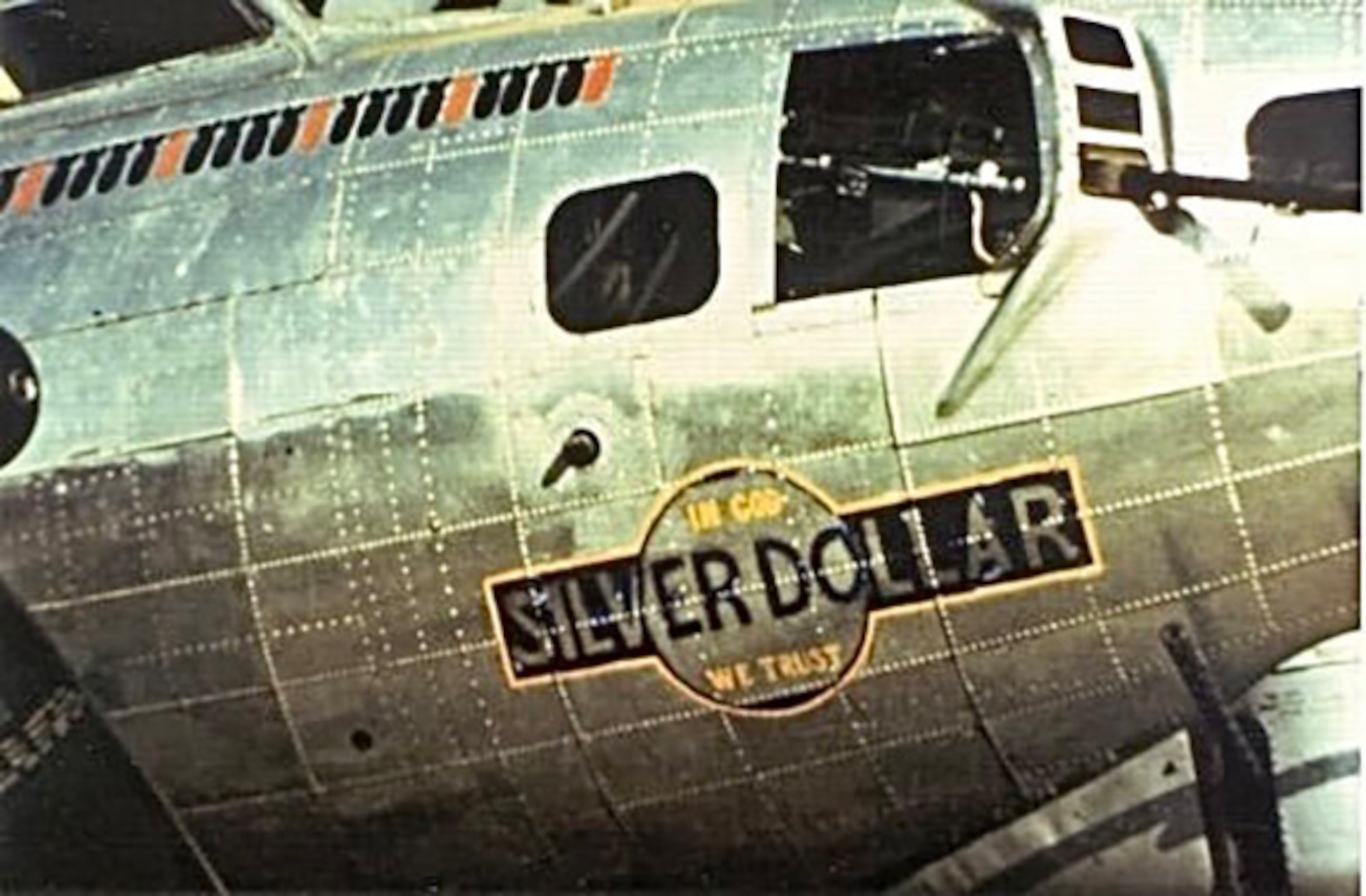 The “Silver Dollar” nose art painted on a B-17 Flying Fortress assigned to the 100th Bomb Group at Thorpe Abbotts, Norfolk, England, during World War II, was the only double-sided nose art in 1943. Eighty years later, the “Silver Dollar” nose art has been updated and redesigned – again as a double-sided “coin” – and has just been unveiled on one of the 100th Air Refueling Wing’s KC-135 Stratotankers at Royal Air Force Mildenhall, England, Oct. 10, 2023. (Courtesy photo from 100th Bomb Group Foundation archives)
