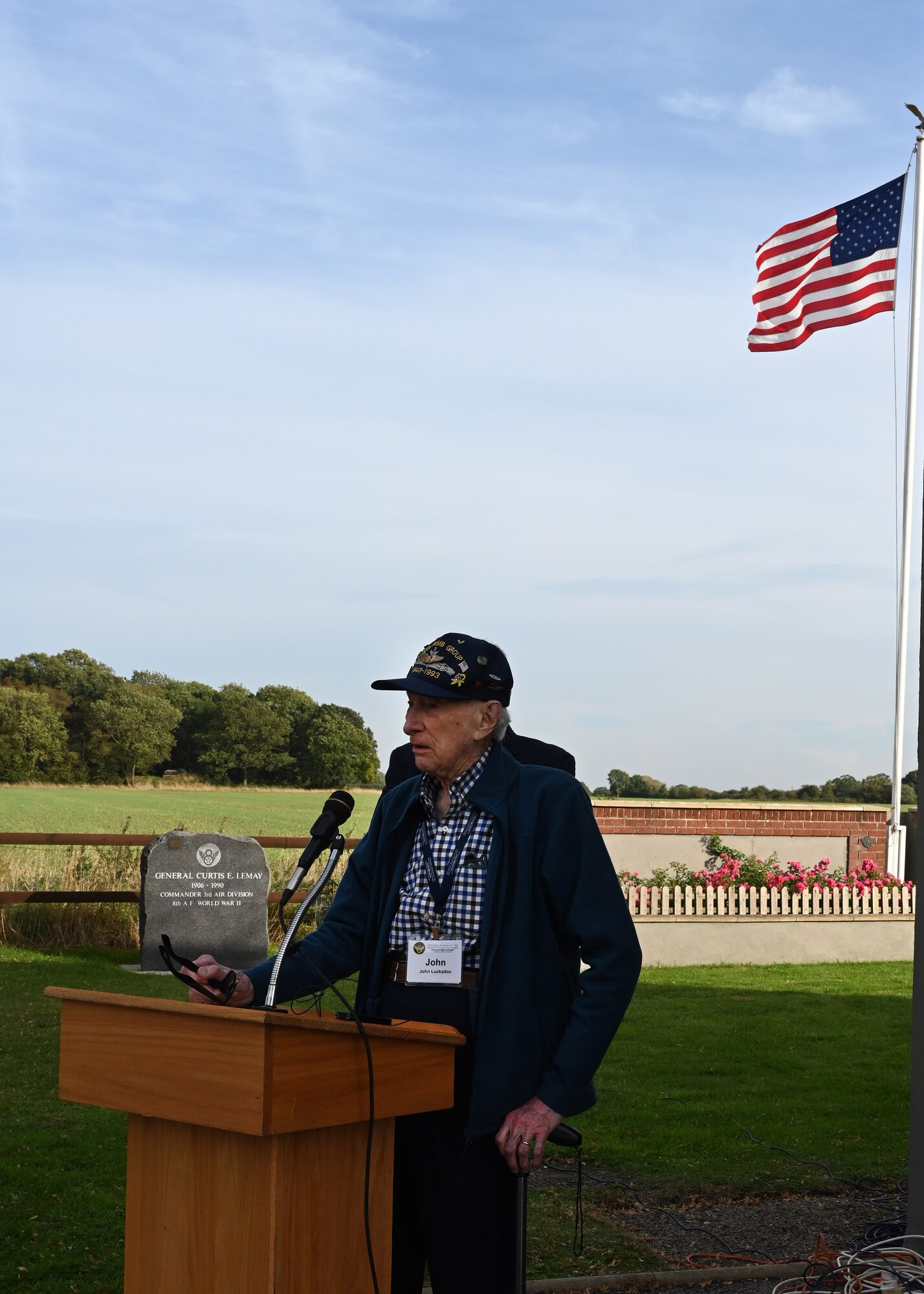 U.S. Army Air Force retired-Maj. John “Lucky” Luckadoo, legendary World War II B-17 pilot and 100th Bomb Group veteran, shares memories of his 25 combat missions during a ceremony honoring the 80th anniversary of “Black Week” at Thorpe Abbotts, Norfolk, England, Oct. 10, 2023. “Black Week” occurred from Oct. 8 to 14, 1943, earning the name due to the heavy losses endured by Eighth Air Force. The Mighty Eighth lost 138 heavy bombers, 24 fighters and more than 1,400 Airmen to enemy action. The 100th BG itself suffered the tragic loss of 12 aircraft and 121 crew members over Germany. (U.S. Air Force photo by Karen Abeyasekere)