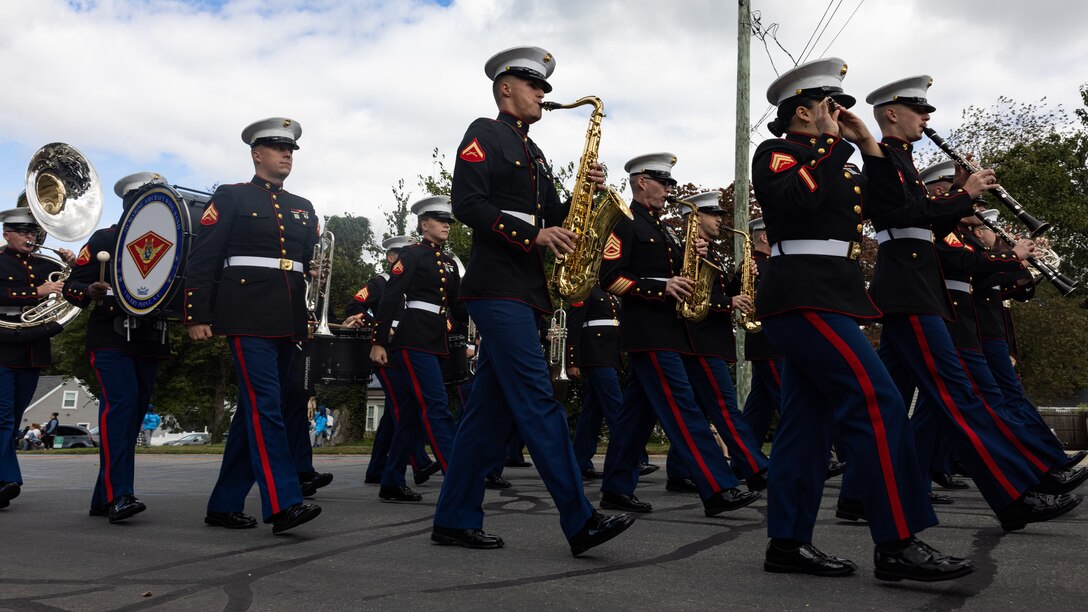 U.S. Marines with the 2nd Marine Aircraft Wing (MAW) Band perform during the 115th Greater Bridgeport Columbus Day Parade at Bridgeport, Connecticut, Oct. 8, 2023. Marines with the 2nd MAW Band performed during the 115th Greater Bridgeport Columbus Day Parade to strengthen community relationships and reaffirm history, customs, and traditions representative of the United States Marine Corps to those in attendance. 2nd MAW is the aviation combat element of II Marine Expeditionary Force. (U.S. Marine Corps photo by Lance Cpl. Orlanys Diaz Figueroa)