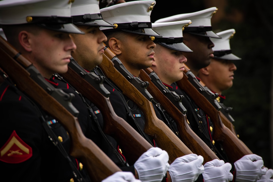 Six Marines in dress uniform seen from a side view, stand in a row holding rifles with white gloves.