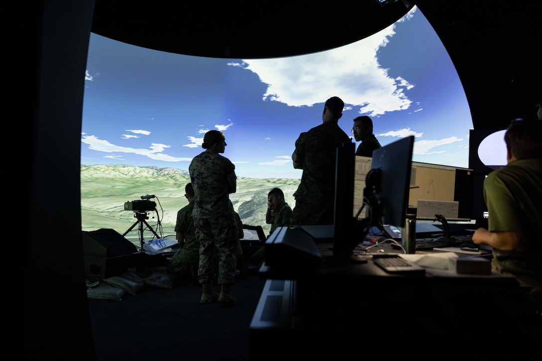 Several service members are shown in silhouette in front of a simulator displaying sky and land below.