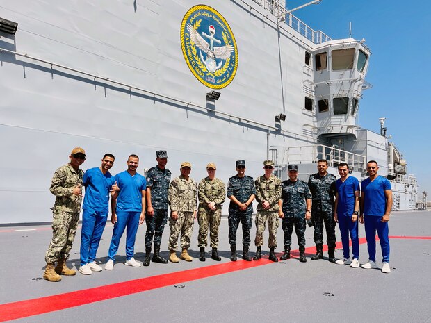 Medical Sailors from the U.S. Navy and the Egyptian Navy pose for a group photo aboard Egyption Naval Ship (ENS) Anwar El-Sadat during exercise Bright Star 23 at Ras Al Tin Naval Forces Base, Egypt, Sept. 10.