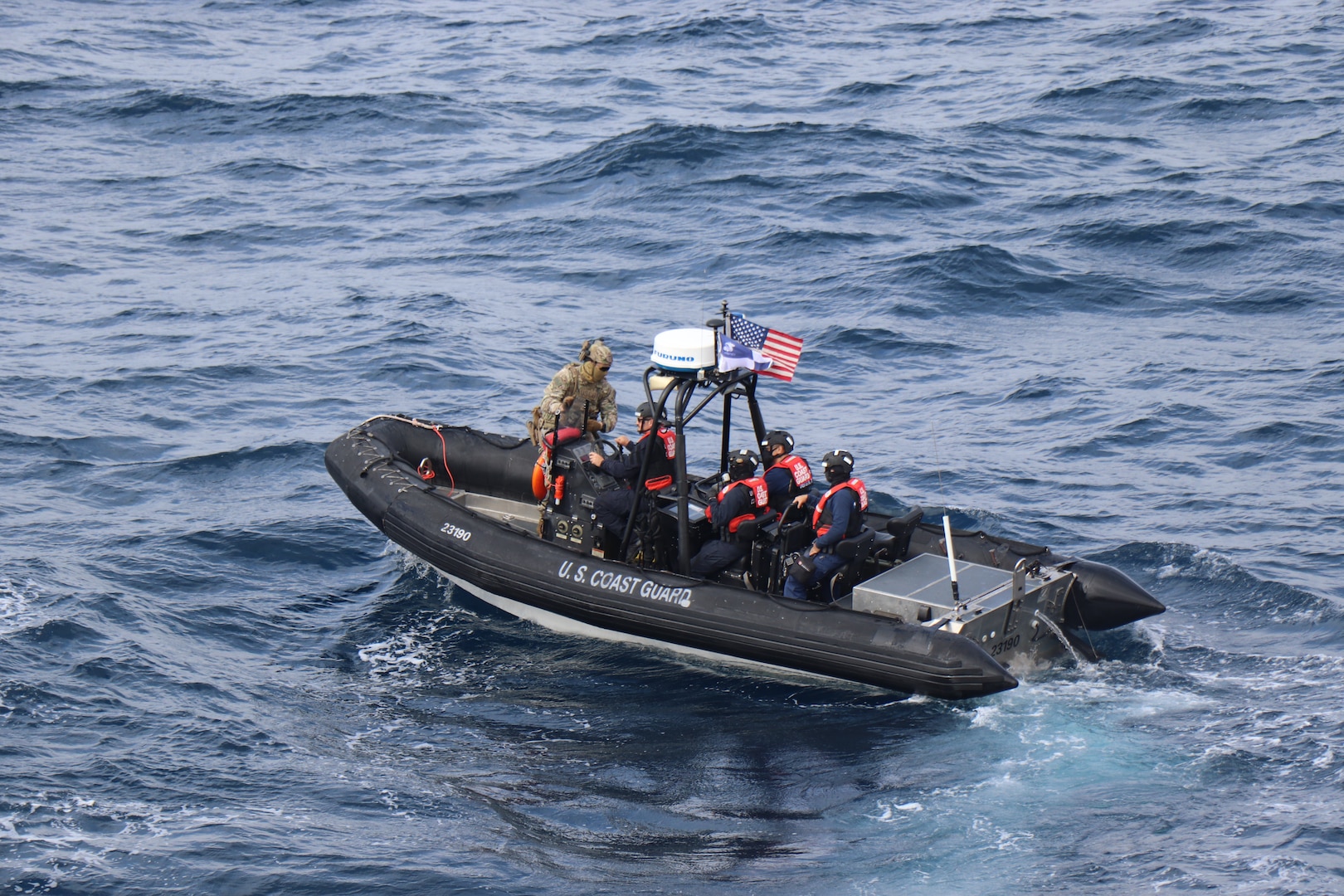 A boarding team aboard the U.S. Coast Guard Cutter Alder’s small boat conducts a patrol in the Eastern Pacific Ocean, Oct. 6, 2023, during Operation Southern Shield 2023.