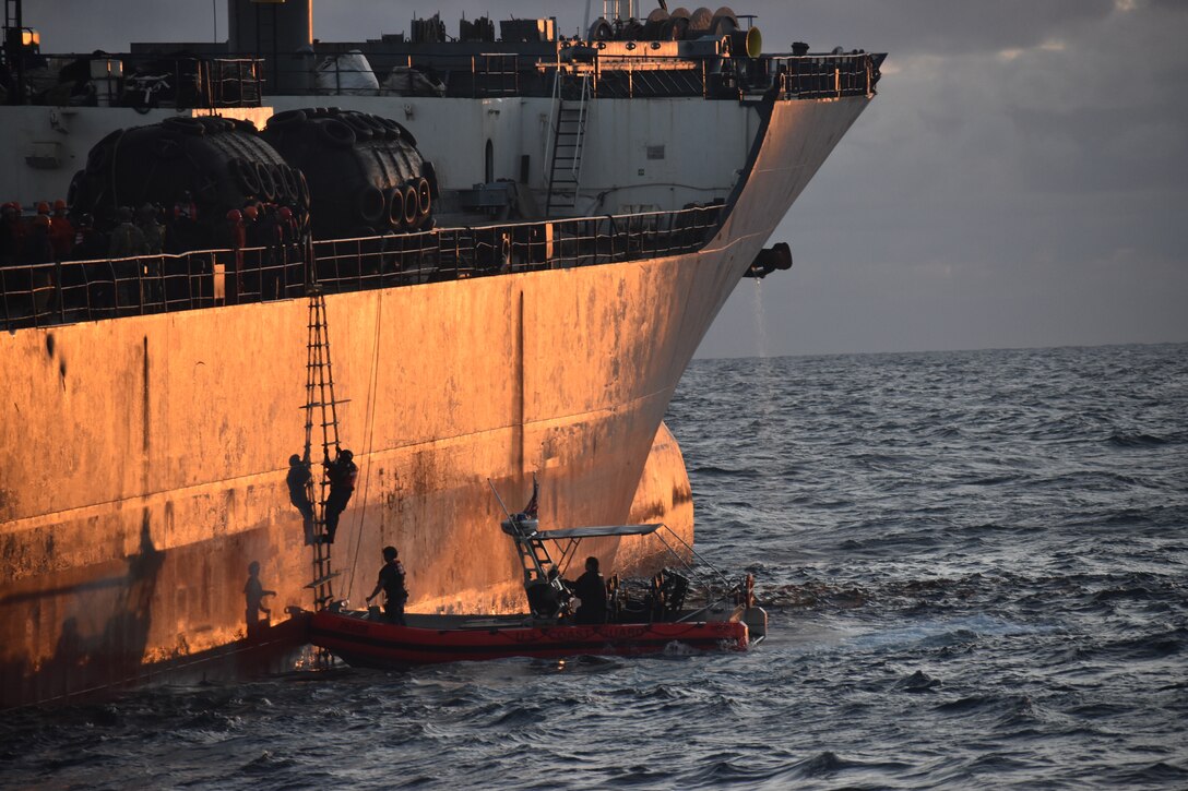 A boarding team from the Coast Guard Cutter Terrell Horne board a 490-foot transshipment vessel during Operation Southern Shield 2023, October 2023.