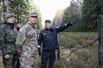 Army Gen. Daniel Hokanson, chief, National Guard Bureau, and Lt. Gen. Vesa Virtanen, chief of Defense Command, Finnish Defense Forces, meet with Col. Mika Rytkonen, commander of Finland’s South-Eastern Border Guard District, near Vaalimaa, Finland, Oct. 13, 2023. Hokanson visited Finland to enhance bilateral ties between the National Guard and Finland.