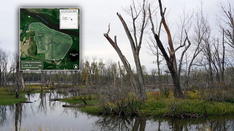 An image of Green Island, Iowa, with a map inset showing the habitat rehabilitation and enhancement project area.