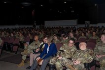 Airmen from the 5th Bomb Wing attend a commander’s call at Minot Air Force Base, North Dakota, Oct. 17, 2023. The commander's call is intended to gather the entire unit to discuss important concerns. (U.S. Air Force photo by Airman 1st Class Alyssa Bankston)