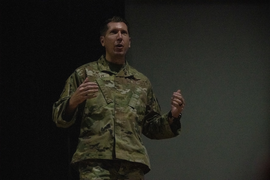 U.S. Air Force Col. Daniel Hoadley, 5th Bomb Wing commander, holds a commander’s call at Minot Air Force Base, North Dakota, Oct. 17, 2023. Hoadley is in charge of 5th Bomb Wing operations involving its fleet of B-52H bombers and ensures the wing is combat-ready. (U.S. Air Force photo by Airman 1st Class Alyssa Bankston)