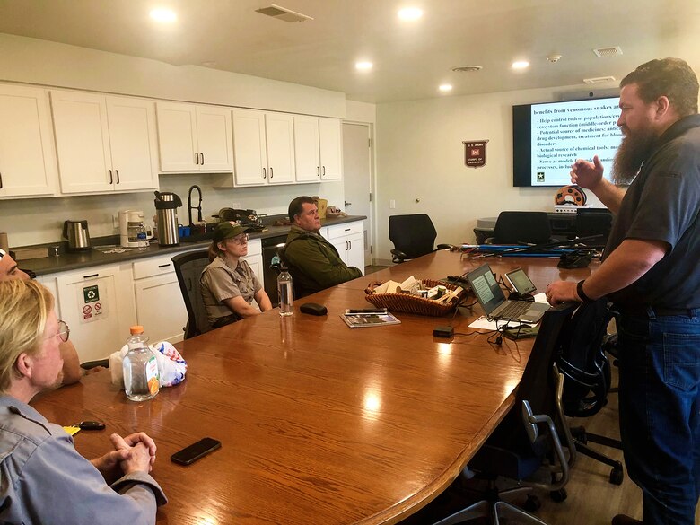 Conchas lead Park Ranger Jonathan Hicks, far right, instructs Abiquiu Lake staff during the classroom portion of the training, May 5, 2023.