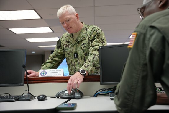 Joint Task Force-Red Hill (JTF-RH) Commander, U.S. Navy Vice Adm. John Wade issues the order to commence gravity defueling Oct. 16, 2023, at Joint Base Pearl Harbor-Hickam, Hawaii.