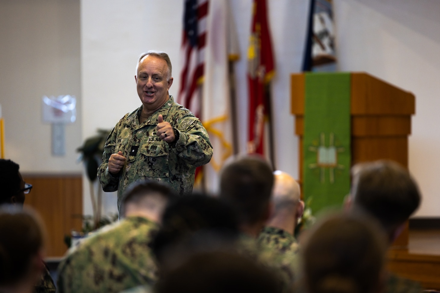 Acting Surgeon General Rear Admiral Darin K. Via answers questions from Sailors and staff from Branch Health Clinic Iwakuni