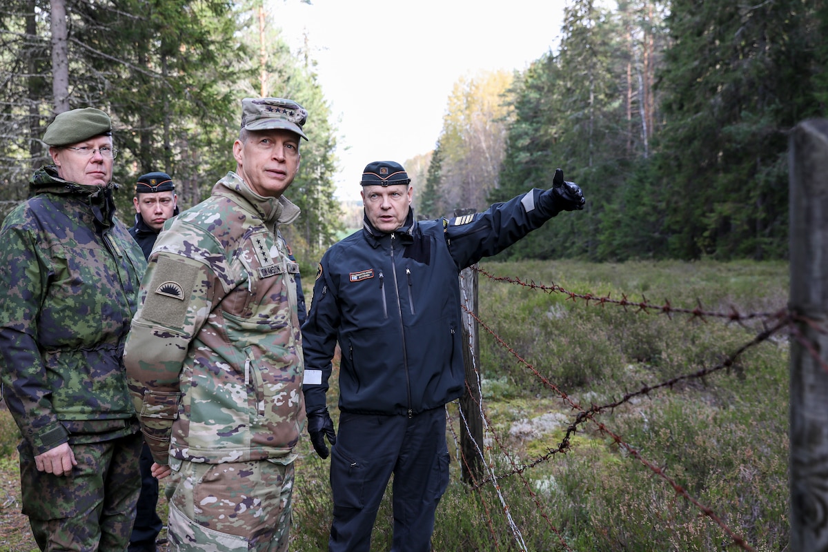 Army Gen. Daniel Hokanson, chief, National Guard Bureau, and Lt. Gen. Vesa Virtanen, chief of Defense Command, Finnish Defense Forces, meet with Col. Mika Rytkonen, commander of Finland’s South-Eastern Border Guard District, near Vaalimaa, Finland, Oct. 13, 2023. Hokanson visited Finland to enhance bilateral ties between the National Guard and Finland.