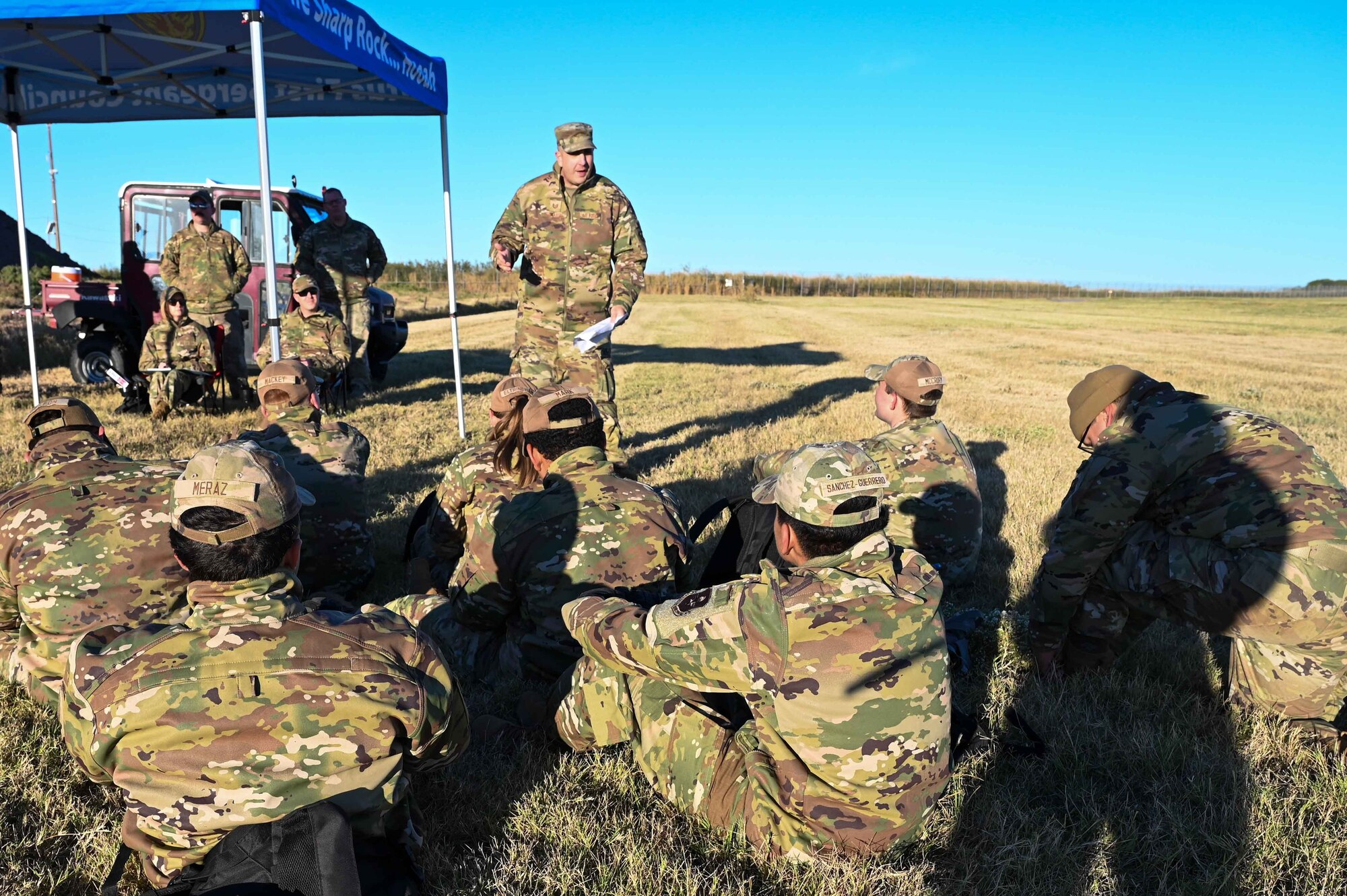 U.S. Air Force Technical Sgt. Ryan Murray, 97th Training Squadron military training leader superintendent, teaches an Airmanship class during the Talon Challenge at Altus Air Force Base, Oklahoma, Oct. 14, 2023. The Talon Challenge had three different Airmanship classes: mentorship, the Air Mobility Command commander’s manifesto, and professional development. (U.S. Air Force photo by Airman 1st Class Kari Degraffenreed)