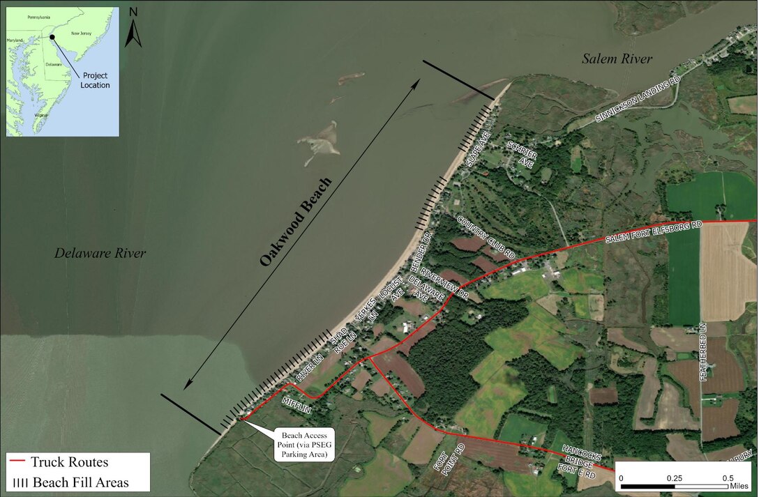 Map of truck routes and beach fill areas in Oakwood Beach.