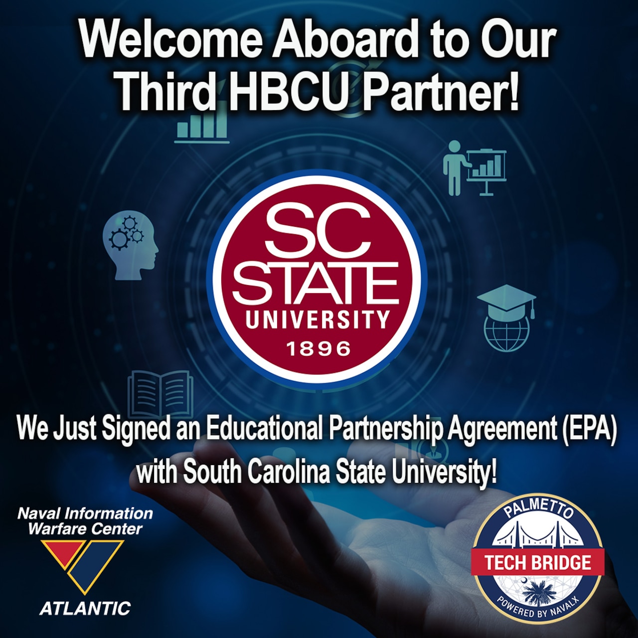 Graphic saying "Welcome Aboard to Our Third HBCU Partner! SC STATE UNIVERSITY 1896 -- We Just Signed an Educational Partnership Agreement (EPA) with South Carolina State University.