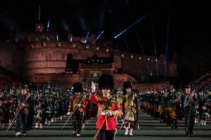The Massed Pipes and Drums march off the esplanade during the finale of The Royal Edinburgh Military Tattoo held at Edinburgh Castle, Scotland, Aug. 23, 2023. U.S. Air Force Senior Master Sgt. Adam Tianello of The U.S. Air Force Band performed with the Tattoo’s Pipes and Drums alongside bagpipers from around the world. Military tattoos are a historic tradition symbolizing the camaraderie and mutual respect shared among each nations’ armed forces and showcasing the excellence of their service members. (U.S. Air Force photo by Kristen Wong)