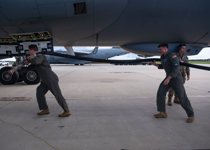 U.S. Air Force Airmen assigned to the 305th Air Mobility Wing conduct refueling procedures at Joint Base McGuire-Dix-Lakehurst, N.J., Oct. 17, 2023. This event marked the first time the 305th AMW Airmen executed the Special Fuels Operation, which is instrumental to Agile Combat Employment objectives and increases operational capabilities. (U.S. Air Force photo by Staff Sgt. Monica Roybal)