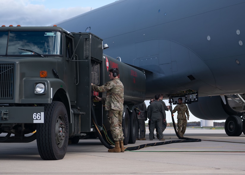 U.S. Air Force Airmen assigned to the 305th Air Mobility Wing conduct refueling procedures at Joint Base McGuire-Dix-Lakehurst, N.J., Oct. 17, 2023. This event marked the first time the 305th AMW Airmen executed the Special Fuels Operation, which is instrumental to Agile Combat Employment objectives and increases operational capabilities. (U.S. Air Force photo by Staff Sgt. Monica Roybal)