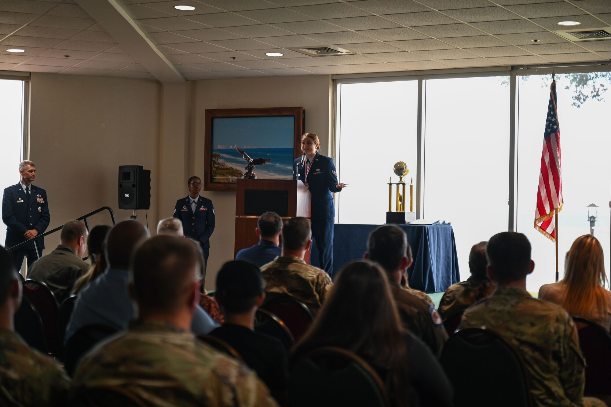 Senior Airman Robbi J. Termentozzi, 350th Spectrum Warfare Wing, WSA programs manager, gives a speech during Airman Leadership School (ALS) class 23-G graduation after receiving the John L. Levitow Award at Eglin Air Force Base, Fla., Oct. 19, 2023. The John L. Levitow Award is the highest award for enlisted Professional Military Education in the Air Force and is presented to the student who demonstrates the most outstanding leadership and scholastic achievement throughout ALS. (U.S. Air Force photo by Staff Sgt. Ericka A. Woolever)
