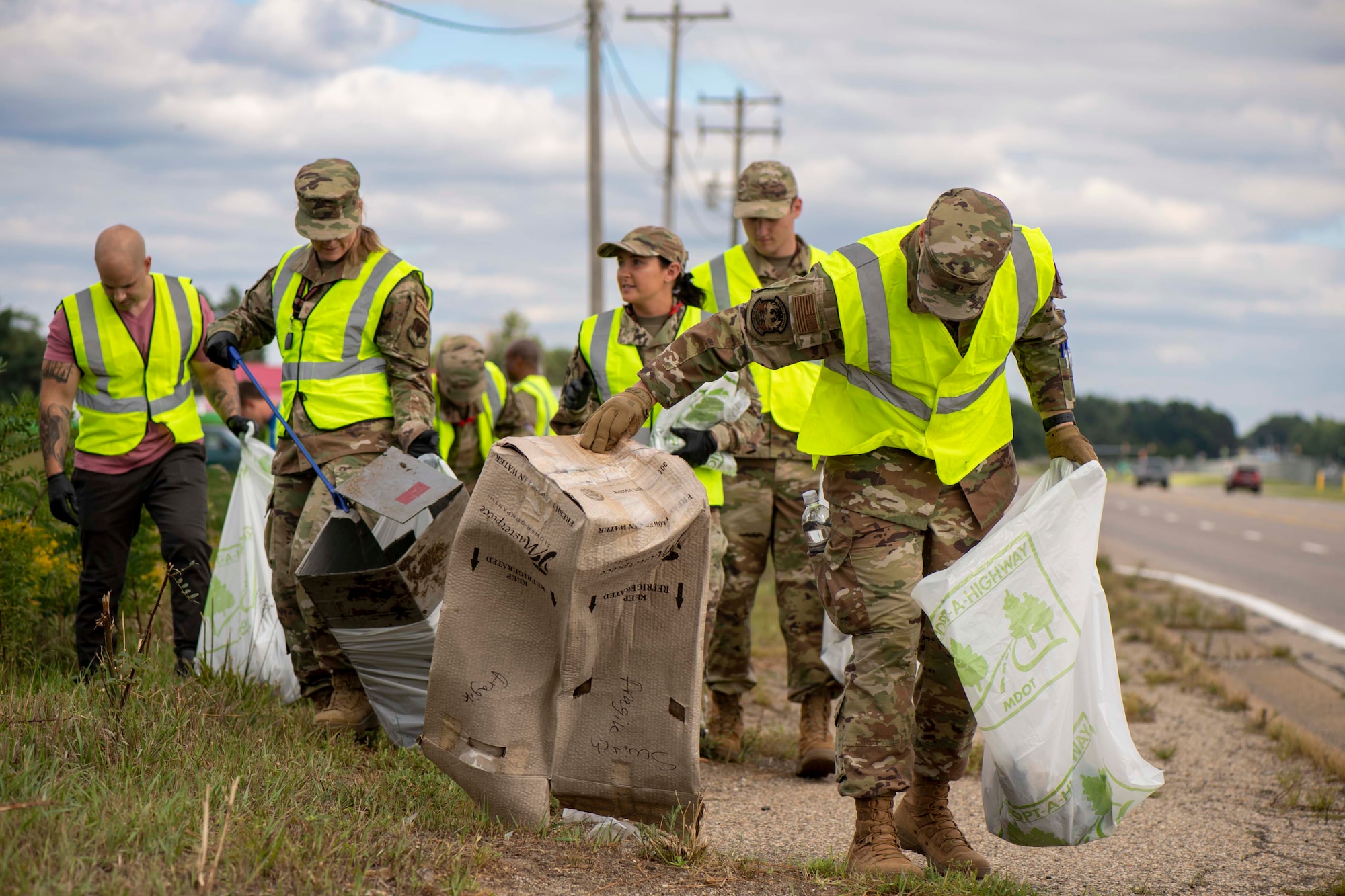 Air National Guard members participate in the Adopt-A-Highway program at Battle Creek Air National Guard Base, Michigan, Sept. 10, 2023. Adopt-A-Highway is a Michigan Department of Transportation program designed to help keep the state’s highway roadsides clean and attractive. Battle Creek Air National Guardsmen participate bi-annually to dispose of liter from outside of the base on Dickman Road.