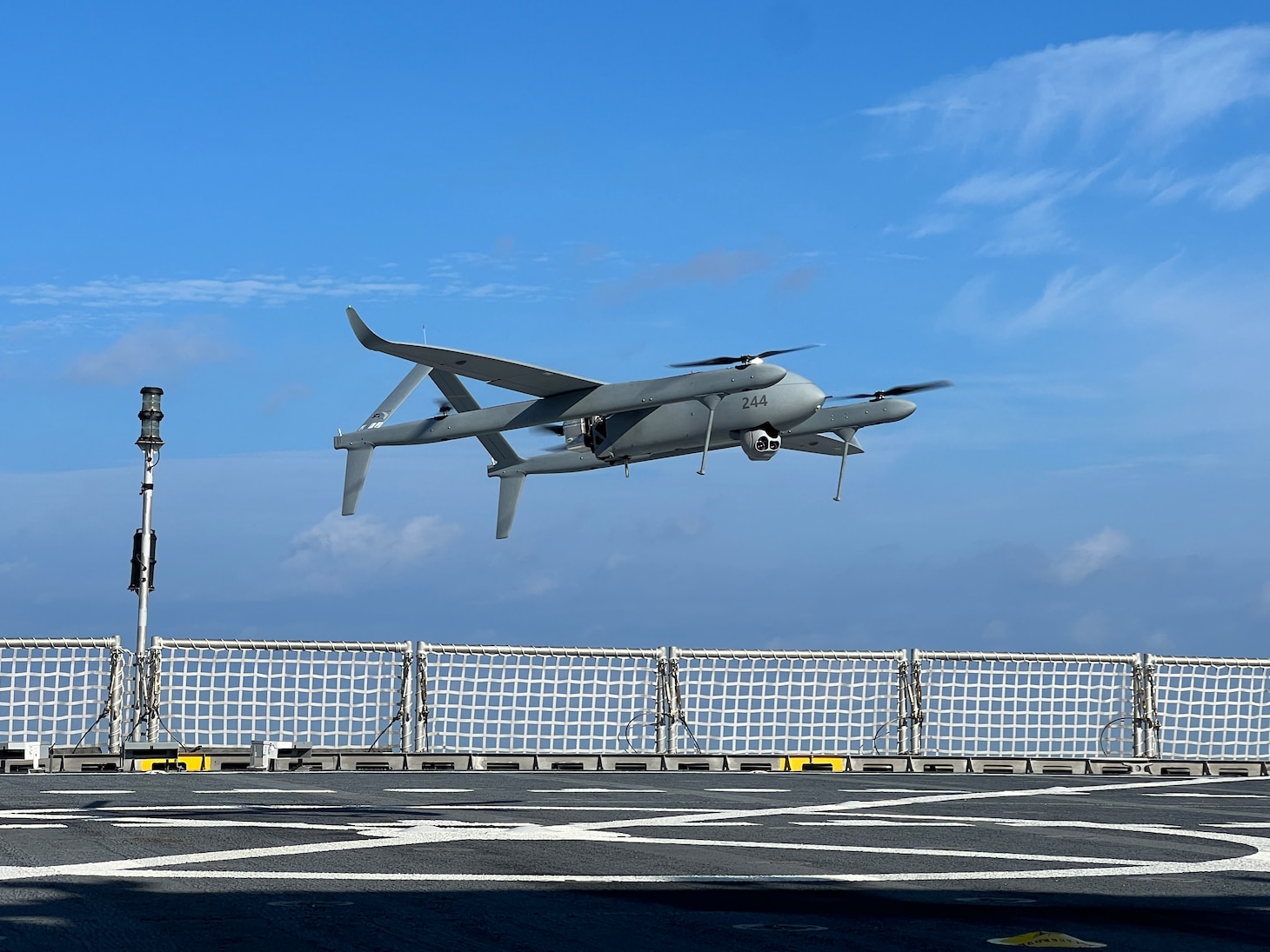 An Aerosonde unmanned aircraft system launches from the flight deck of Spearhead-class expeditionary fast transport ship USNS Burlington (T-EPF 10) during U.S. 4th Fleet’s Hybrid Fleet Campaign Event in the Atlantic Ocean October 10, 2023. Today the Aerosonde provided aerial targeting information and visual confirmation, allowing an unmanned surface vehicle to fire an inert Poniard rocket at an afloat target, and then perform battle damage assessment, marking the first complete unmanned kill chain for these systems. The Hybrid Fleet Campaign Event, previously referred to as Fleet Experimentation Program (FLEX), provides an opportunity for the Office of Naval Research’s Scientists-to-Sea program to witness research and development progress for, and demonstrations of, unmanned systems and their adaptations in support of the Chief of Naval Operations Navigation Plan 2022.