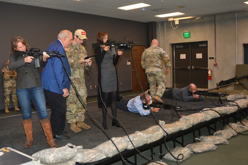 Local government leaders fire virtual weapons at Fort Indiantown Gap's Training Support Center Oct. 19, 2023. (Pennsylvania National Guard photo by Brad Rhen)