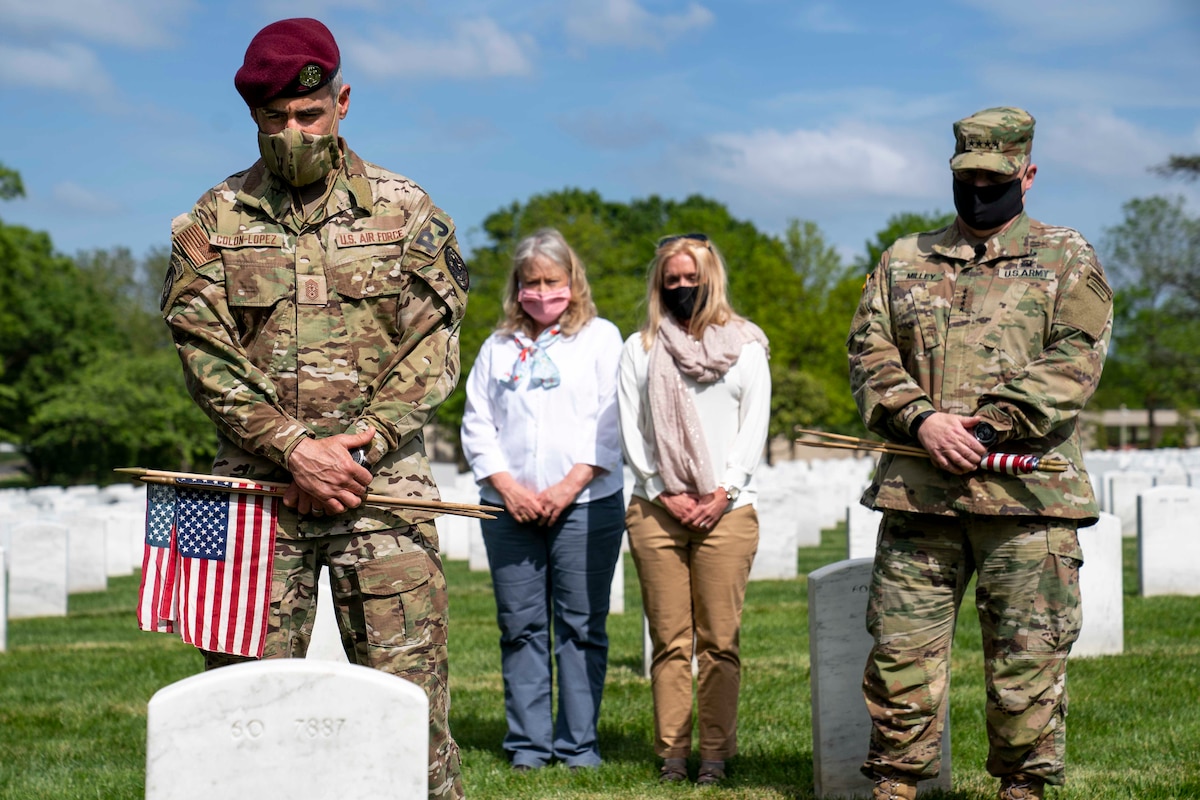 U.S. Army Gen. Mark A. Milley, Chairman of the Joint Chiefs of Staff, Senior Enlisted Advisor to the Chairman of the Joint Chiefs of Staff Ramón "CZ" Colón-López, and their spouses visit Arlington National Cemetery, Arlington, Va., May 21, 2020. (Department of Defense photo by Sgt. 1st Class Chuck Burden)
