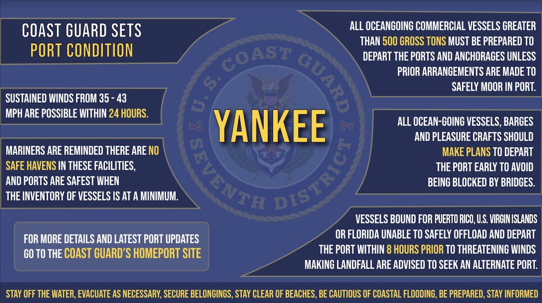 Coast Guard Captain of the Port San Juan set Port Condition YANKEE for U.S. Virgins Islands seaports and seven seaports in Puerto Rico due to Hurricane Tammy, and the possibility of gale force winds 39 mph arriving within 24 hours.
Seaports in Puerto Rico under Port Condition YANKEE include the seaports of Arecibo, Ceiba, Culebra, Fajardo, San Juan, Vieques and Yabucoa.