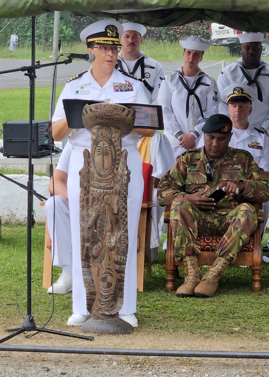 WEWAK, Papua New Guinea (Oct. 20, 2023) – Capt. Claudine Caluori, Pacific Partnership 2023 mission commander, speaks to attendees at the Pacific Partnership 2023 Papua New Guinea closing ceremony, Oct. 20. Now in its 18th year, Pacific Partnership is the largest annual multinational humanitarian assistance and disaster relief preparedness mission conducted in the Indo-Pacific. (U.S. Navy photo by Chief Mass Communication Specialist Kegan E. Kay)