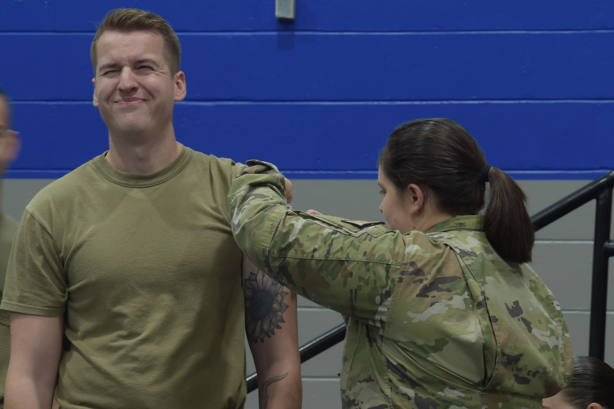 U.S. Air Force Airman 1st Class Alex Gordon, from the 23rd Munitions Squadron, receives a flu vaccination at Moody Air Force Base, Georgia, Oct. 17, 2023. Gordon received a vaccine as part of an annual immunization requirement. (U.S. Air Force photo by Airman Cade Ellis)