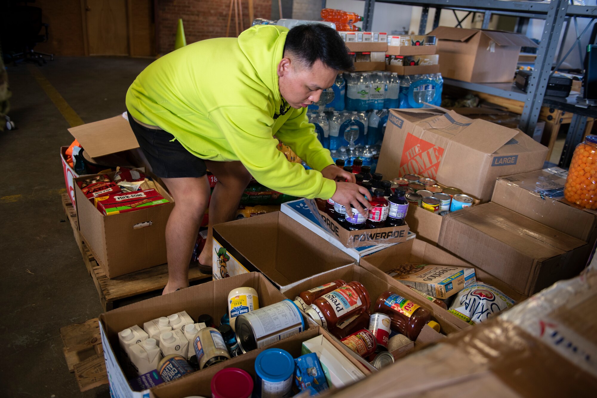 Team McChord Airmen organize donations for the Maui fire relief efforts at Joint Base Lewis-McChord, Wash., Oct. 19, 2023. A Seattle food bank picked up the donations and will transport them to Hawaii to provide aid to the Maui community. Team McChord holds volunteer opportunities to develop ready Airmen.