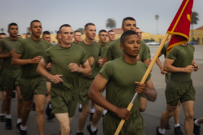 New U.S. Marines with India Company, 3rd Recruit Training Battalion, participate in the motivational run at Marine Corps Recruit Depot San Diego, Oct. 19, 2023. The motivational run consisted of a three-mile run throughout the depot where recruit training was conducted. (U.S. Marine Corps photo by Lance Cpl. Jacob B. Hutchinson)