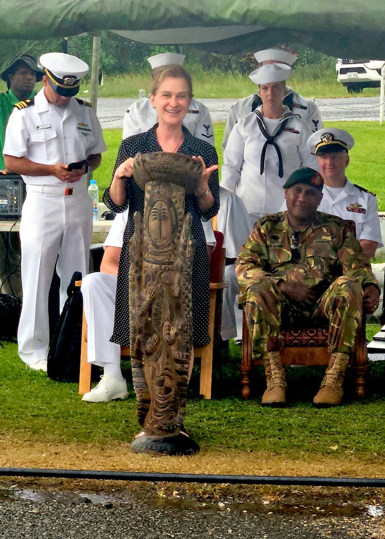 WEWAK, Papua New Guinea (Oct. 20, 2023) – Katherine Mohahan, Chief of Mission for the U.S. Embassy of Papua New Guinea, provides closing remarks during the Pacific Partnership 2023 Papua New Guinea closing ceremony, Oct. 20. Now in its 18th year, Pacific Partnership is the largest annual multinational humanitarian assistance and disaster relief preparedness mission conducted in the Indo-Pacific. (U.S. Navy photo by Chief Mass Communication Specialist Kegan E. Kay)