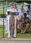 WEWAK, Papua New Guinea (Oct. 20, 2023) – Capt. Claudine Caluori, Pacific Partnership 2023 mission commander, speaks to attendees at the Pacific Partnership 2023 Papua New Guinea closing ceremony, Oct. 20. Now in its 18th year, Pacific Partnership is the largest annual multinational humanitarian assistance and disaster relief preparedness mission conducted in the Indo-Pacific. (U.S. Navy photo by Chief Mass Communication Specialist Kegan E. Kay)