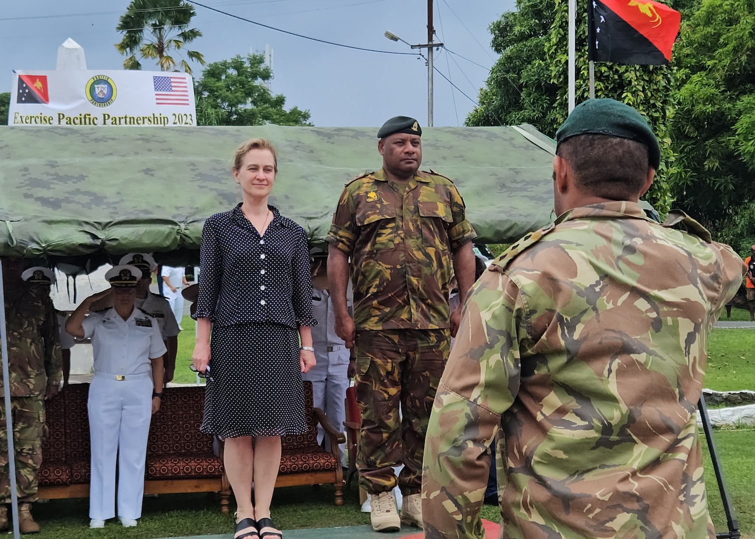 WEWAK, Papua New Guinea (Oct. 20, 2023) – Katherine Mohahan, Chief of Mission for the U.S. Embassy of Papua New Guinea, arrives to the Pacific Partnership 2023 Papua New Guinea closing ceremony, Oct. 20. Now in its 18th year, Pacific Partnership is the largest annual multinational humanitarian assistance and disaster relief preparedness mission conducted in the Indo-Pacific. (U.S. Navy photo by Chief Mass Communication Specialist Kegan E. Kay)