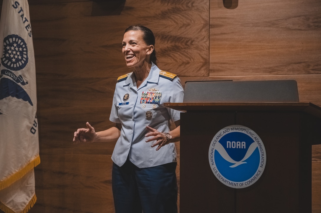 Rear Adm. Jo-Ann Burdian speaks to the audience during a ribbon cutting ceremony. U.S. Coast Guard stands up new Marine Environmental Response unit in Honolulu.