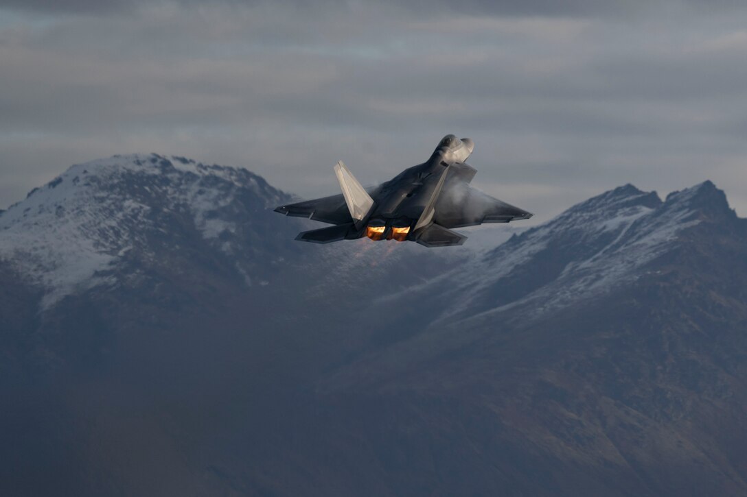 An F-22 Raptor assigned to the 3rd Wing conducts flight operations