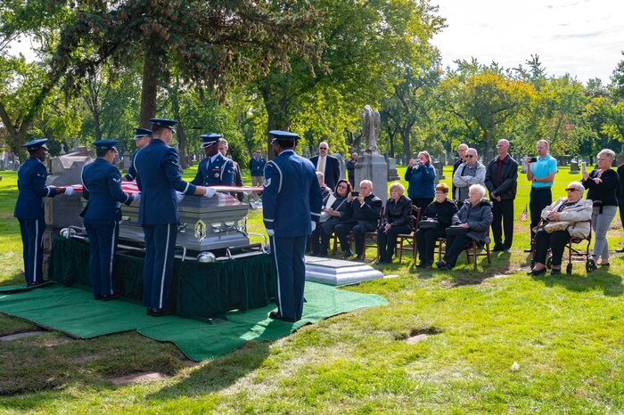 After being missing in action for over 70 years from the Korean War, U.S. Air Force Capt. Delbert D. Draskey was laid to rest with his family by his side, during a ceremony Oct. 17, 2023.