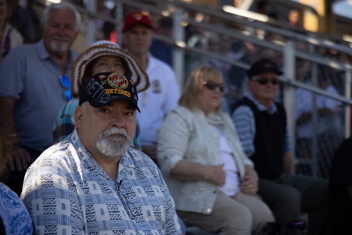 A veteran of Marine Fighter Attack Squadron-235 observes India Company, 3rd Recruit Battalion graduation ceremony at Marine Corps Recruit Depot San Diego, Oct. 20, 2023. VMFA-235 participated in action during World War II, the Vietnam War, Operation Desert Storm, and was decommissioned on June 14, 1996. Veterans of VMFA-235 visited MCRD San Diego to observe the graduation of new U.S. Marines in to promote and reinforce customs, history, and Marine Corps traditions. (U.S. Marine Corps photo by Cpl. Elliott A. Flood-Johnson)