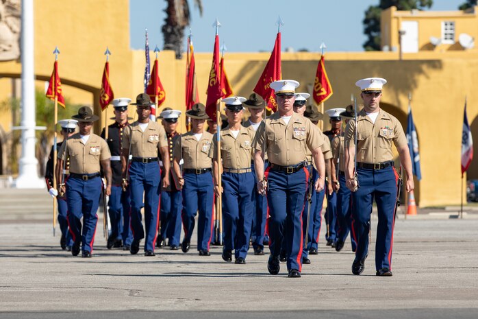 U.S. Marines with India Company, 3rd Recruit Training Battalion, march in formation during a graduation ceremony at Marine Corps Recruit Depot San Diego, Oct. 20, 2023. Graduation took place at the completion of the 13-week transformation, which included training for drill, marksmanship, basic combat skills, and Marine Corps customs and traditions. (U.S. Marine Corps photo by Lance Cpl. Sarah M. Grawcock)