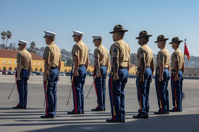 U.S. Marines with India Company, 3rd Recruit Training Battalion, stand in formation during a graduation ceremony at Marine Corps Recruit Depot San Diego, Oct. 20, 2023. Graduation took place at the completion of the 13-week transformation, which included training for drill, marksmanship, basic combat skills, and Marine Corps customs and traditions. (U.S. Marine Corps photo by Lance Cpl. Sarah M. Grawcock)